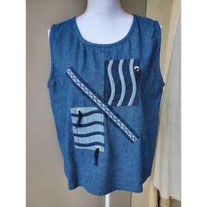 Yak Magik Denim Tank Top Womens Large Blue Patchwork Tassels Artsy Teacher Y2K
